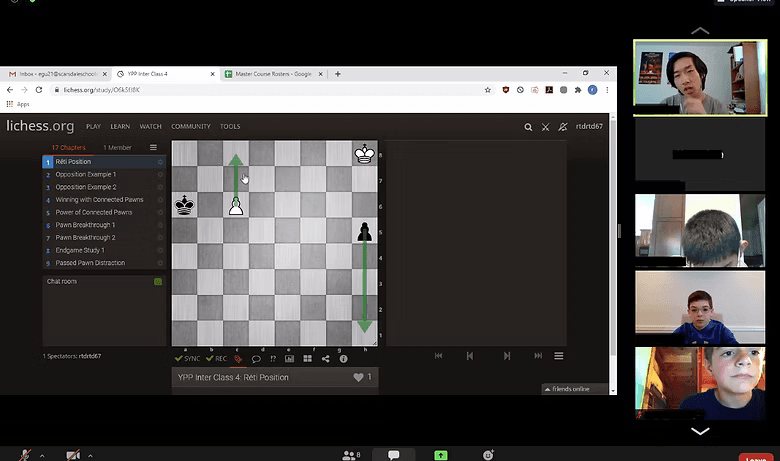 YPP online chess class: instructor and students on video with a Lichess lesson board and YPP curriculum on screen.